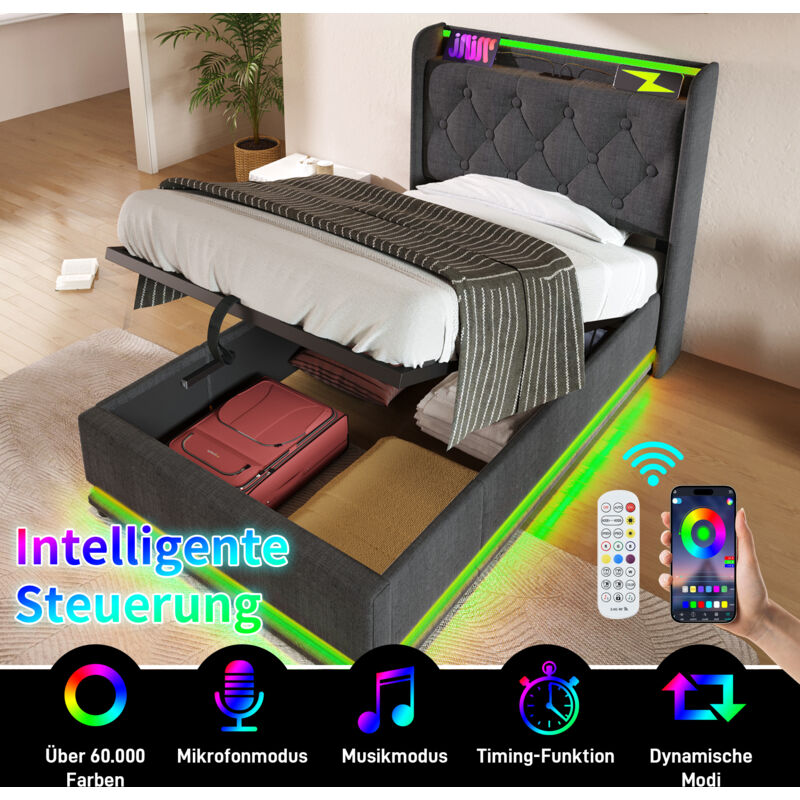 Modenvie Polsterbett 90×200 Cm, Einzelbett Mit Led 360°, Usb, Typ C Und Ablagen, Ohne Matratze, Aus Leinen, Grau