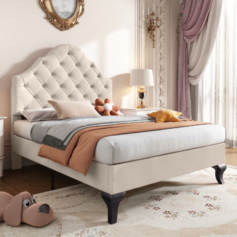 Polsterbett 90200 mit Lattenrost und Kopfteil, Polsterbett mit höhenverstellbarem Kopfteil, Jugendbett, Einzelbett, Holzlattenträger, einfache Montage, Samt, Beige
