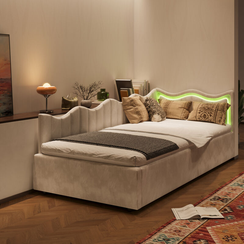 JOOKGBD-Lit Coffre 90x200 cm,Canapé-lit,Lit Rembourré 90x200 cm avec éclairage LED et rangement hydraulique,Lit enfant,Lit Simple,Lit princesse,Lit