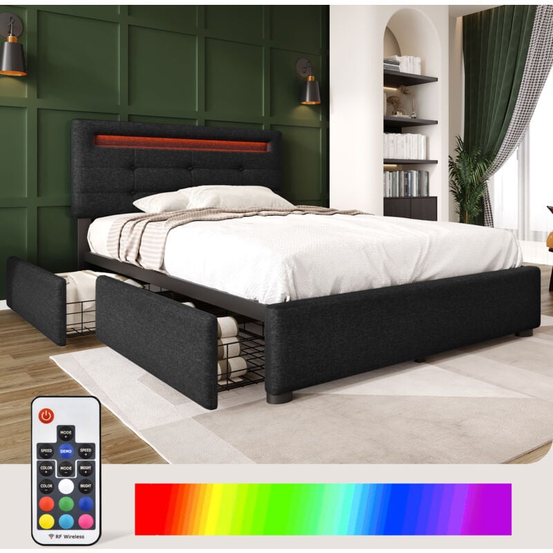 Lit capitonné, avec éclairage led et 2 tiroirs, tête de lit réglable en hauteur, 90x200cm, en tissu, noir (sans matelas)