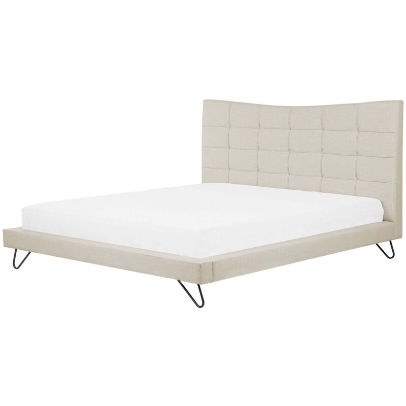 Beliani Polsterbett Beige Stoffbezug In Leinenoptik Mit Lattenrost 180 X 200 Cm Hohes Kopfteil Gesteppt Schwarze Metallbeine Skandi Modern Doppelbett