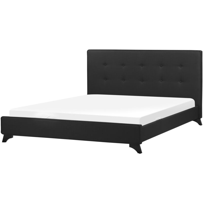 Beliani - Bett Polsterbett Schwarz 160 x 200 cm Leinenoptik Doppelbett Zierknöpfen Elegante Holzfüße Klassisch - Schwarz