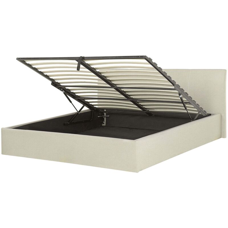 Beliani Polsterbett Beige Leinenoptik Bettrahmen Mit Lattenrost 160x200 Cm Bettkasten Hochklappbar Hohes Kopfteil Modern Skandi Schlafzimmer Doppelbett