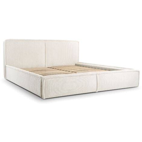 E-MEUBLES Polsterbett Bett mit Kopfstütze, Rahmenbettgestell, Bettkasten und Lattenrost Doppelbett Gepolsterter Kopfteil Cord-Stoff Stauraumbett Bett 04 - 180x200 - Creme (Poso 100)