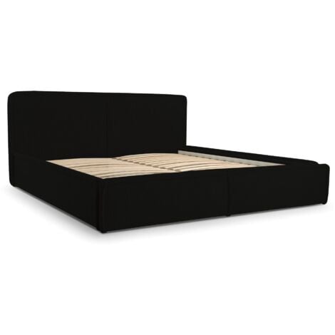 E-MEUBLES Polsterbett Bett mit Kopfstütze, Rahmenbettgestell, Bettkasten und Lattenrost Doppelbett Gepolsterter Kopfteil Cord-Stoff Stauraumbett Bett 04 - 180x200 - Schwarz (Poso 135)