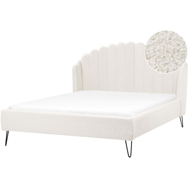 Beliani Polsterbett Cremeweiß Bouclé Mit Lattenrost 160x200 Cm Hohes Kopfteil Vertikale Steppung Muschel-design Schlafzimmer Doppelbett Ohrenbett