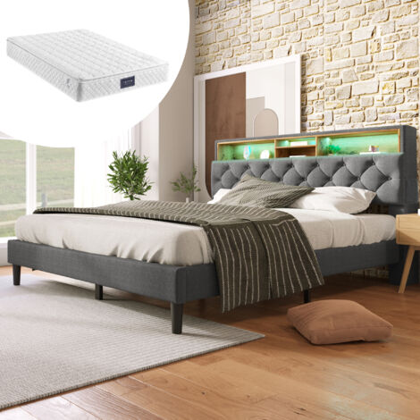 Polsterbett Doppelbett Kopfteil Bettkasten mit LED-Beleuchtung Bettrahmen Holzlattenrost, 140200CM grau (mit Matratze)