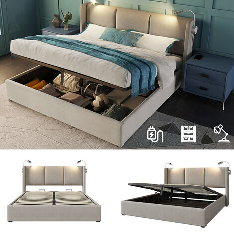 Polsterbett Doppelbett Stauraum Bettkasten Leselicht mit USB Ladefunktion Kopfteil,Stauraumbetten Bettgestell aus Leinenmaterial Jugendbett 140x200 mit lattenrost(Ohne Matratze)