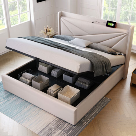 Polsterbett Doppelbett Stauraum Bettkasten mit USB Typ C Ladefunktion Kopfteil,Stauraumbetten Bettgestell aus Leinenmaterial Jugendbett 140x200 mit lattenrost(Ohne Matratze) OKWISH