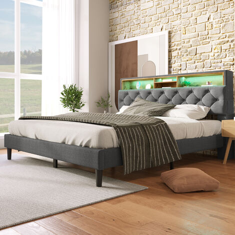 Polsterbett Doppelbett Stauraum-Kopfteil Bett mit LED-Beleuchtung Bettgestell Lattenrost aus Holz,140200CM Grau(Ohne Matratze)