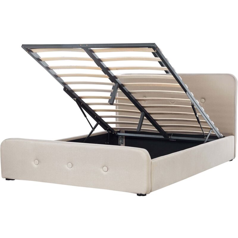 Beliani Polsterbett Leinenoptik Beige 160 X 200 Cm Hochklappbar Mit Bettkasten Elegante Knopfverzierung Klassisch