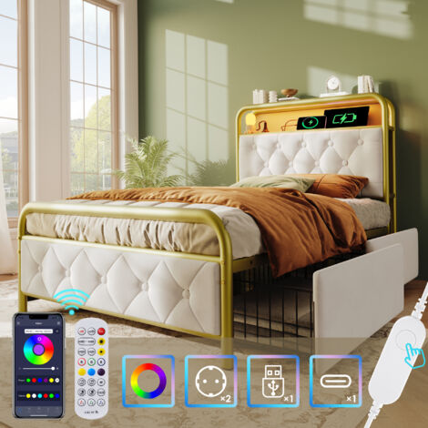 Polsterbett Einzelbett mit Ladefunktion USB Typ C APP-Steuerung LED-Bettgestell Metallbett 90×200 Bettgestell und 2 Schubladen, Samt (ohne Matratze)