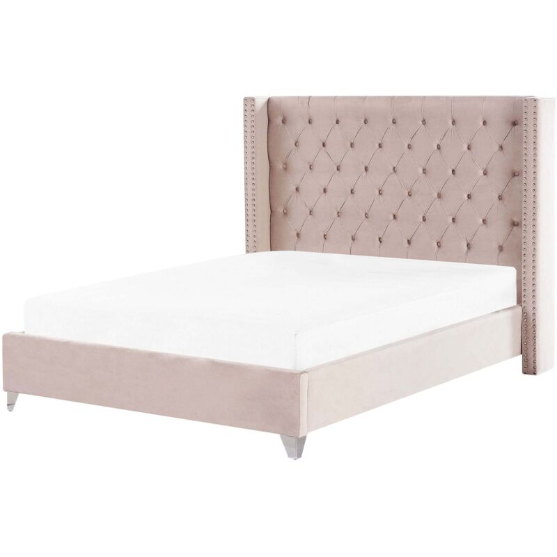 Beliani Bett Pastellrosa Samt Mit Lattenrost 180 X 200 Cm Hohes Gestepptes Kopfteil Knopfheftung Nieten Chesterfield Stil Retro Doppelbett Schlafzimmer