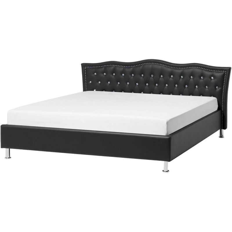 Beliani Bett Kunstleder Schwarz Lattenrost 160 X 200 Cm Geschwungene Kopfteil Dekorative Steppnähten Knopfverzierung Romantisch Klassisch