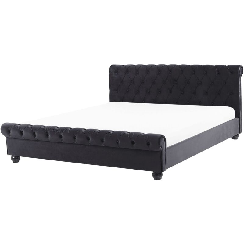 Beliani Polsterbett Schwarz 180 X 200 Cm Samtstoff Mit Lattenrost Hohe Kopfteil Geschwungene Fußteil Elegant Klassisch Chesterfield