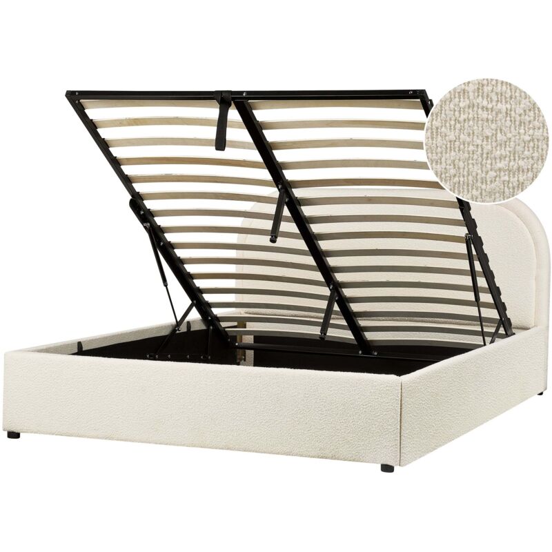 Beliani Bett Mit Stauraum Bouclé Quillien 140 X 200 Cm Hellbeige