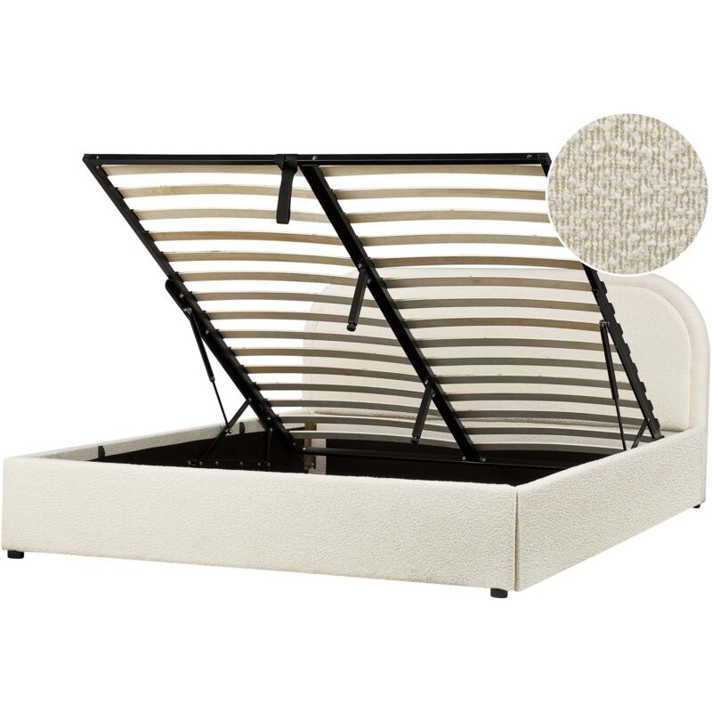 Beliani Bett Mit Stauraum Bouclé Quillien 160 X 200 Cm Hellbeige