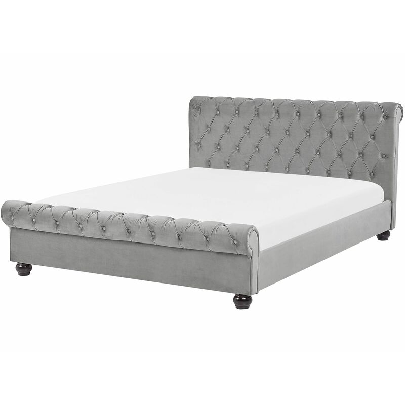 Bett Polsterbett Grau 160 x 200 cm Samtstoff Doppelbett Stilvolle Versteppung Hohe Kopfteil Geschwungene Formgebung Chesterfield - Grau