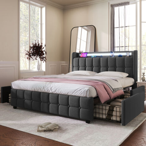 Polsterbett Holz/Leinen Grau 140x200 cm mit Matratze, LED-Beleuchtung, USB/Steckdosen und 4 Schubladen