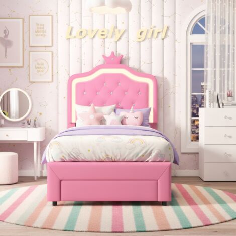 Polsterbett Kinderbett 90x200 cm mit LED Beleuchtung & Schublade, Höhenverstellbares Kopfteil in Kronenform, Kunstleder, Prinzessin Stil, Rosa
