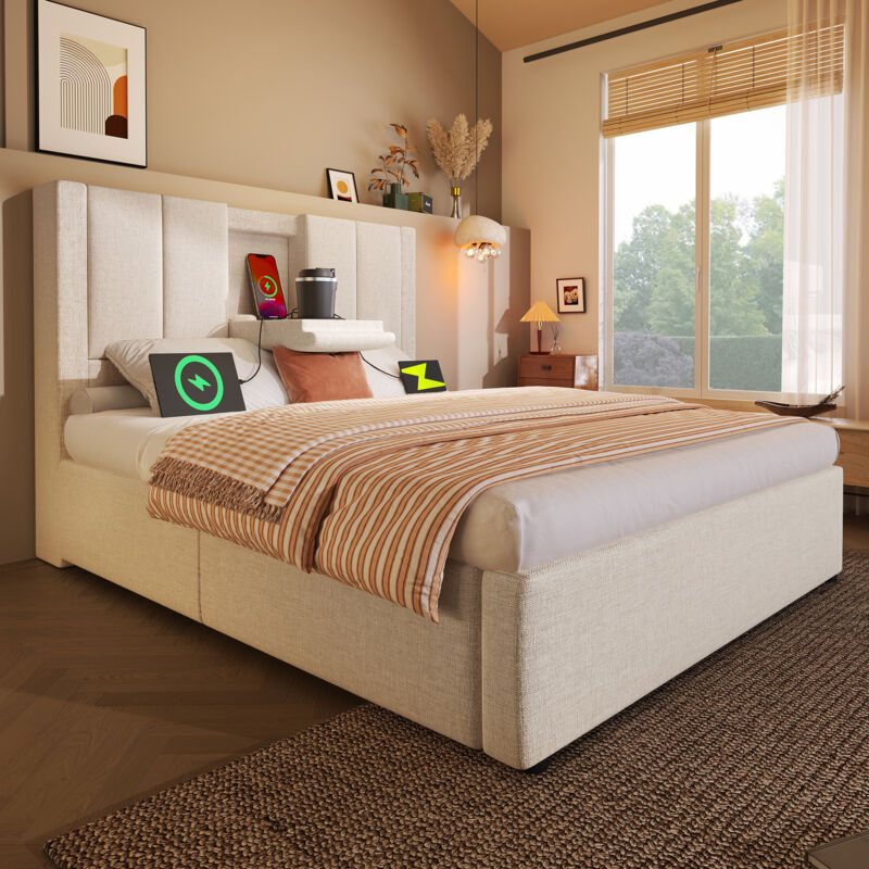 Mivray Polsterbett Leinen Beige 90x200 Cm Mit Matratze, Stauraum, Verstecktem Becherhalter, Ladestation Und Lattenrost