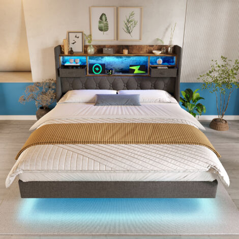 Polsterbett Leinen Grau 140x200 cm mit Matratze, LED-Beleuchtung, Lattenrost, USB- und Type-C-Anschluss
