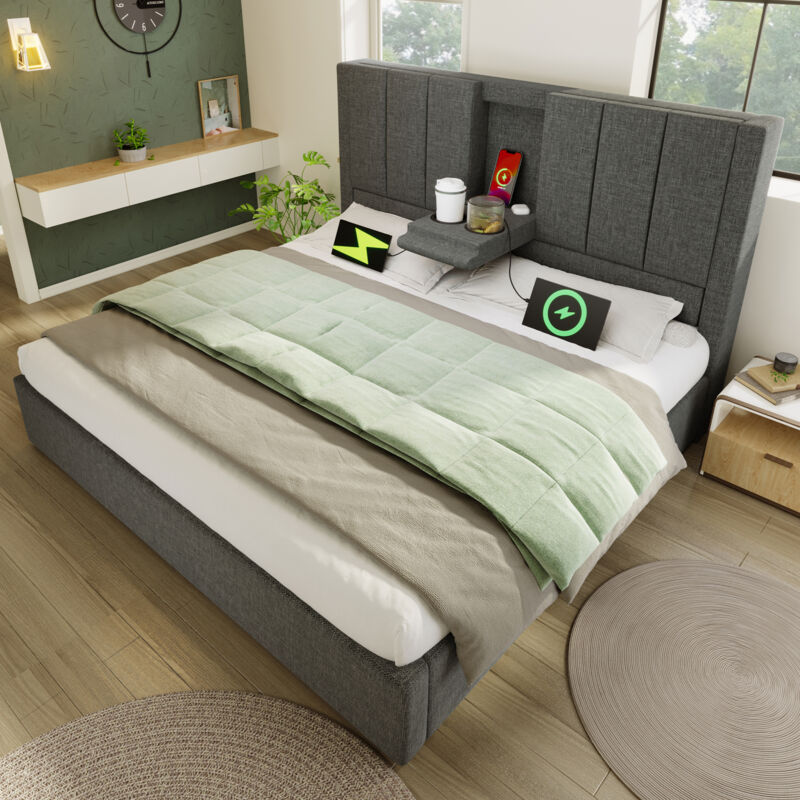 Mivray Polsterbett Leinen Grau 140x200 Cm Mit Matratze, Stauraum, Lattenrost, Usb-/type-c-ladestation Und Becherhalter