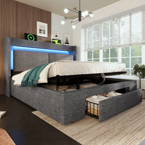 Polsterbett Leinen Grau 160x200 cm mit Matratze, hydraulischem Stauraum, LED und USB/USB-C