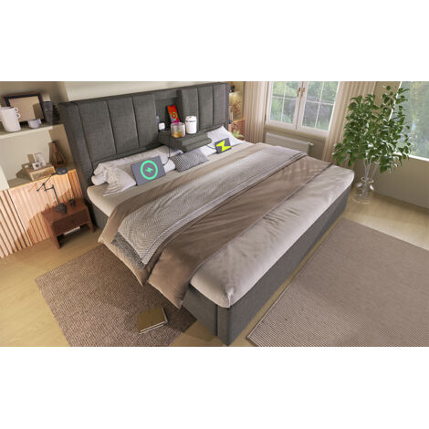 Polsterbett Leinen Grau 160x200 cm mit Stauraum, Ladestation und verstecktem Becherhalter