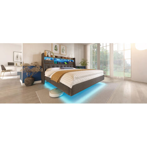 Polsterbett Leinen Grau 180x200 cm mit LED-Beleuchtung, Kopfteil mit Stauraum, USB/Type-C und Lattenrost