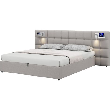 Polsterbett Leinen Grau 180x200 cm mit Stauraum, USB, kabelloser Ladefunktion und Lattenrost
