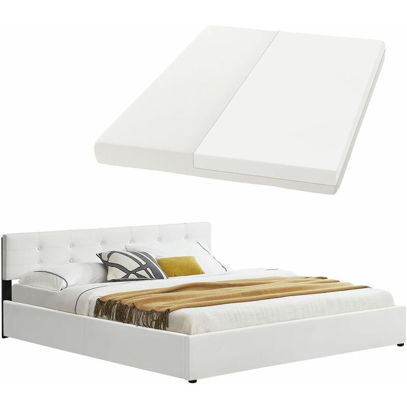 Polsterbett Marbella 180x200 cm mit Matratze, Bettkasten & Lattenrost – Bett aus Kunstleder und Holz – Doppelbett weiß - Juskys