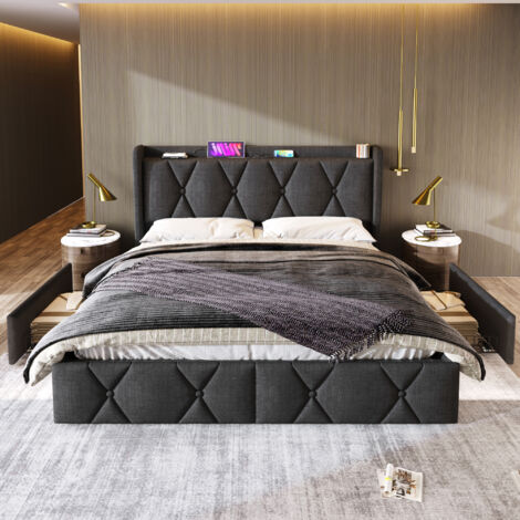 Polsterbett mit Kopfteil und 4 Schubladen mit USB-Ladefunktion, Doppelbett 140x200cm, Stauraum, Bettrahmen, Holzlattenrost, grau (ohne Matratze)