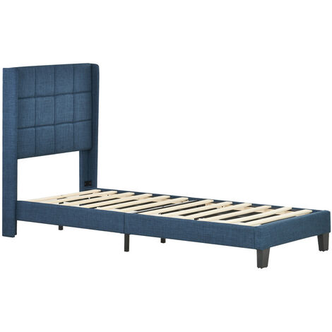 Polsterbett mit Lattenrost, Einzelbett mit Holzgestell für Schlafzimmer der Jugendliche Erwachsene (Blau/90 x 200 cm)