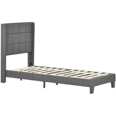 Polsterbett mit Lattenrost, Einzelbett mit Holzgestell für Schlafzimmer der Jugendliche Erwachsene (Grau/90 x 200 cm)