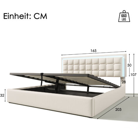 Polsterbett mit Lattenrost und Stauraum Doppelbett inkl. LED-Beleuchtungsleiste Bettgestell 160x200cm, Stauraumbett Funktionsbett Bezug aus Kunstleder Weiß (Mit Matratze) OKWISH