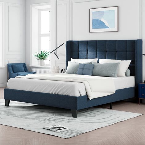 Polsterbett Mit seinem gepolstertes Kopfteil Doppelbett mit Lattenrost, 140x200cm ,in Blau Leinen, mittelfest(Ohne Matratze)