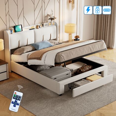 Polsterbett mit Stauraum 160x200cm, Gepolstertes Kopfteil mit LED-Beleuchtung und USB Ladestation, Doppelbett für Erwachsene Jugendliche, Lattenrost, Metallstruktur, Samt, Beige