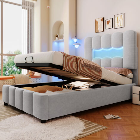 Polsterbett mit Stauraum 90×200 cm, Einzelbett mit Mehrfarbiger LED, Hydraulischem Bettkasten und Verstellbarem Kopfteil, ohne Matratze, Samt, Grau