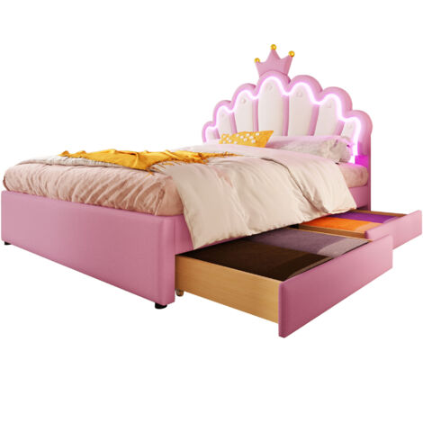 Polsterbett PU Rosa 140x200 cm mit 2 Schubladen, verstellbarem Kopfteil und LED-Ambientelicht