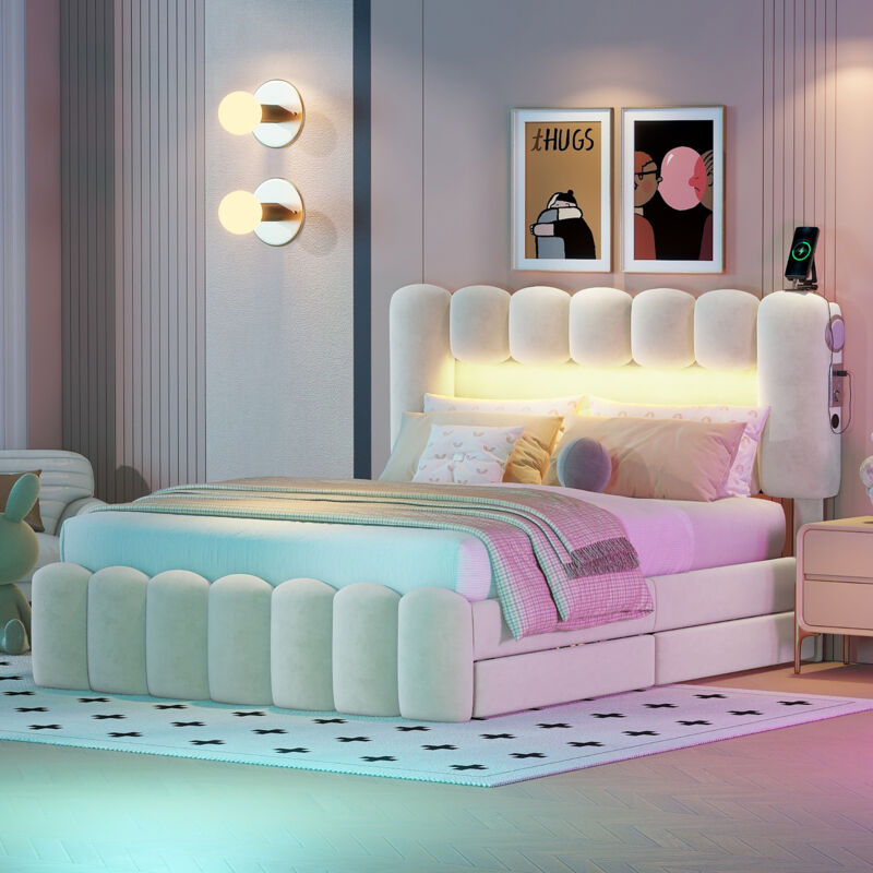 Mivray Polsterbett Samt Beige 140x200 Cm Mit 4 Schubladen, Led-lichtleiste, Usb, Lautsprechern Und Lattenrost