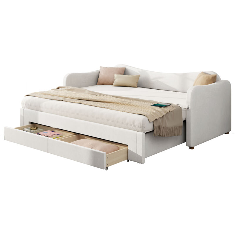 Mivray Polsterbett Samt Beige 90x200/180x200 Cm Ausziehbar Mit 2 Schubladen, Usb-c/usb Und Lattenrost