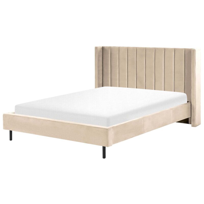 Beliani Polsterbett Beige 160 X 200 Cm Samtstoff Mit Lattenrost Glamour Doppelbett Königsbett Ehebett Schlafzimmer Elegant Modern