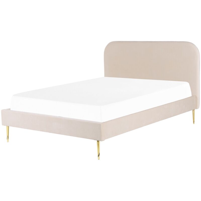 Beliani Bett Beige Samtstoff Mit Lattenrost 140 X 200 Cm Metallfüße Gold Hohes Kopfteil Retro Glamourös Polsterbett Doppelbett Schlafzimmer
