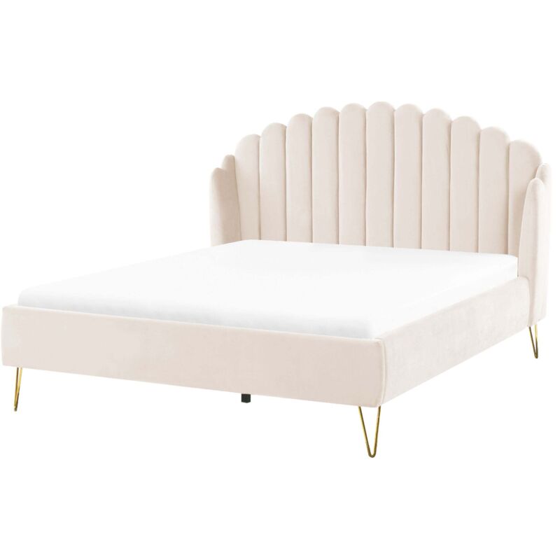Beliani Polsterbett Hellbeige Samtstoff Mit Lattenrost 160 X 200 Cm Mit Vertikaler Steppung Schlafzimmer Ehebett Modern