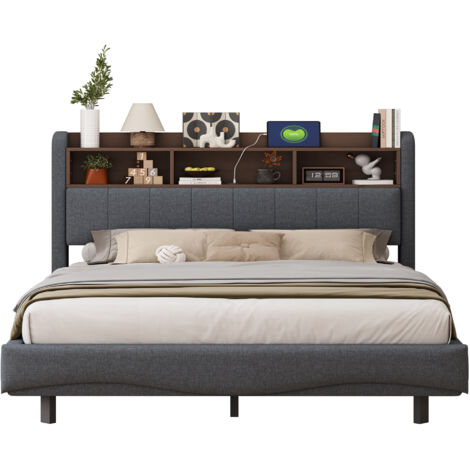 Polsterbett Stoff Grau 160x200 cm mit LED-Beleuchtung, USB-/Typ-C-Anschluss und Stauraum am Kopfteil