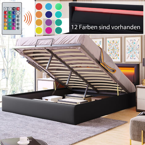 Polsterbett,140200cm LED-Bett£mit Lattenrost und Stauraum, mit beleuchtetem Kopfteil in diversen Farben£Schwarz£Kunstleder & Holz