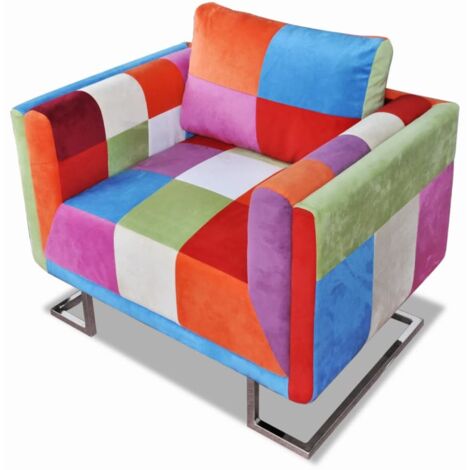 Poltrona a Cubo con Gambe Cromo e Design Patchwork in Tessuto