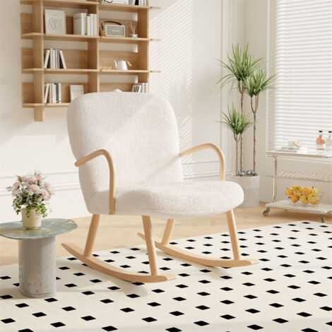 FORTUNA LAI Poltrona a Dondolo 64x96x85cm, Rocking Chair in Tessuto Sherpa, Piedi in Legno Massiccio, per Salotto, Camera, Beige-Bianco