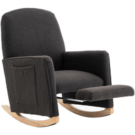 Poltrona a dondolo con poggiapiedi, poltrona reclinabile con pouf, poltrona a dondolo da interno con schienale alto per il soggiorno, tessuto teddy grigio scuro